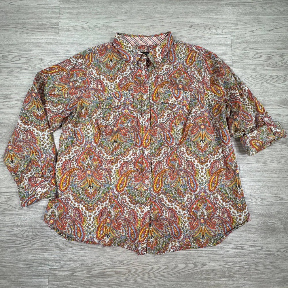 Talbots Women Button Down Shirt Paisley Multicolor 16W Cotton Roll Tab Sleeve
